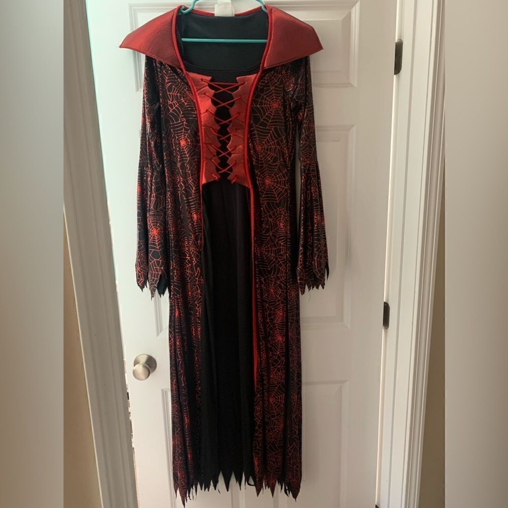 Devil witch small costume cape spider web red black cinched corset